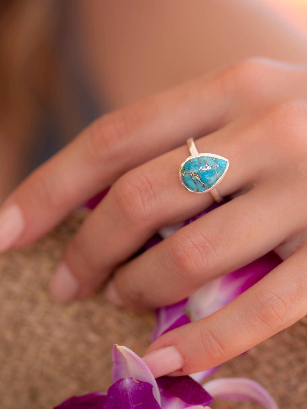 Copper Turquoise Tear Drop Ring ~ Gemstone Natural Sterling Silver 925 Handmade